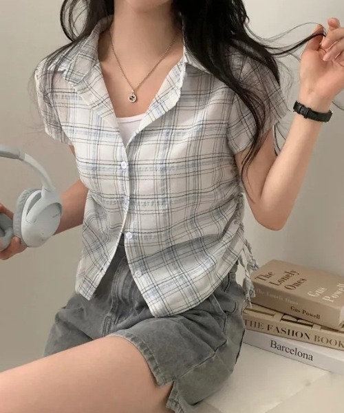 HAILY(ヘイリー)の「サイドドローストリングチェック柄半袖シャツ(シャツ/ブラウス・レディース・ホワイト/ブラック/ベージュ/ネイビー・FREE)」の21枚目の写真