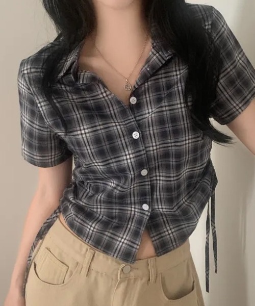 HAILY(ヘイリー)の「サイドドローストリングチェック柄半袖シャツ(シャツ/ブラウス・レディース・ホワイト/ブラック/ベージュ/ネイビー・FREE)」の20枚目の写真