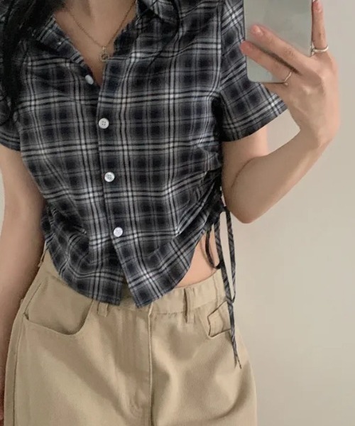 HAILY(ヘイリー)の「サイドドローストリングチェック柄半袖シャツ(シャツ/ブラウス・レディース・ホワイト/ブラック/ベージュ/ネイビー・FREE)」の17枚目の写真
