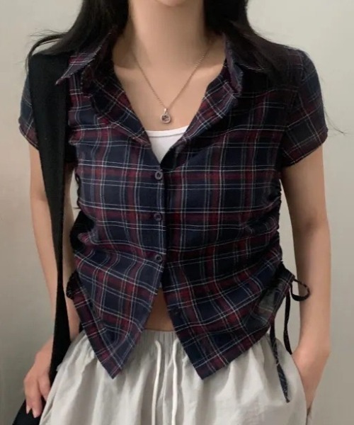 HAILY(ヘイリー)の「サイドドローストリングチェック柄半袖シャツ(シャツ/ブラウス・レディース・ホワイト/ブラック/ベージュ/ネイビー・FREE)」の12枚目の写真