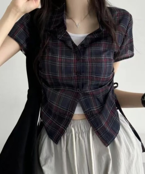 HAILY(ヘイリー)の「サイドドローストリングチェック柄半袖シャツ(シャツ/ブラウス・レディース・ホワイト/ブラック/ベージュ/ネイビー・FREE)」の10枚目の写真