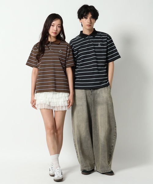 ALAND（エーランド）の「【UNISEX】ALAND／Aロゴボーダー半袖ポロT（Tシャツ/カットソー・レディース・ネイビー/ブラック/ブラウン・LARGE/SMALL）」の4枚目の写真