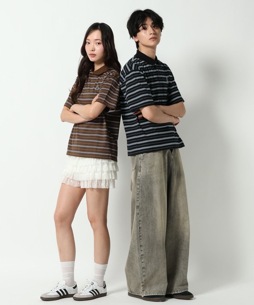 ALAND（エーランド）の「【UNISEX】ALAND／Aロゴボーダー半袖ポロT（Tシャツ/カットソー・レディース・ネイビー/ブラック/ブラウン・LARGE/SMALL）」の5枚目の写真