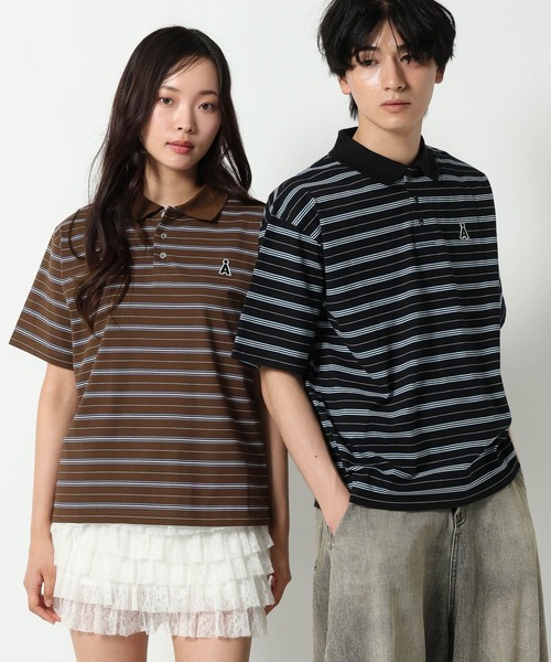 ALAND（エーランド）の「【UNISEX】ALAND／Aロゴボーダー半袖ポロT（Tシャツ/カットソー・レディース・ネイビー/ブラック/ブラウン・LARGE/SMALL）」の6枚目の写真