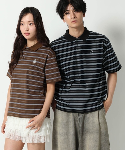 ALAND（エーランド）の「【UNISEX】ALAND／Aロゴボーダー半袖ポロT（Tシャツ/カットソー・レディース・ネイビー/ブラック/ブラウン・LARGE/SMALL）」の7枚目の写真