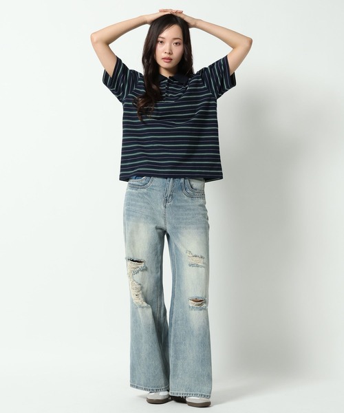 ALAND（エーランド）の「【UNISEX】ALAND／Aロゴボーダー半袖ポロT（Tシャツ/カットソー・レディース・ネイビー/ブラック/ブラウン・LARGE/SMALL）」の19枚目の写真