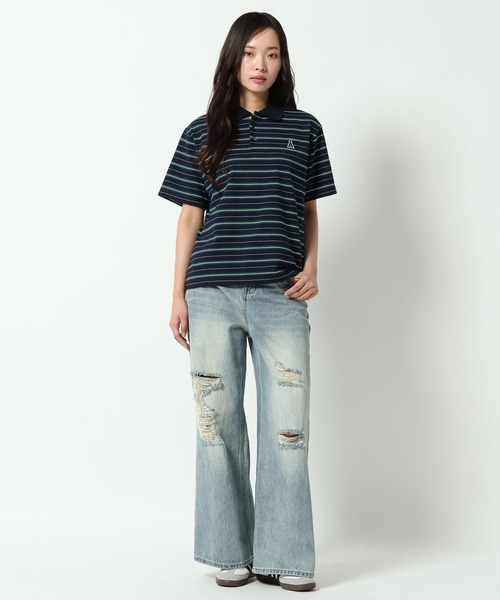 ALAND（エーランド）の「【UNISEX】ALAND／Aロゴボーダー半袖ポロT（Tシャツ/カットソー・レディース・ネイビー/ブラック/ブラウン・LARGE/SMALL）」の20枚目の写真