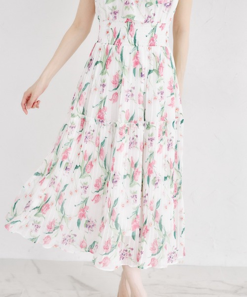 tocco closet(トッコ クローゼット)の「2WAYボウタイリボン付きラメシフォンフラワープリントプリーツティアードワンピース(ワンピース・レディース・ピンク/イエロー・M)」の18枚目の写真