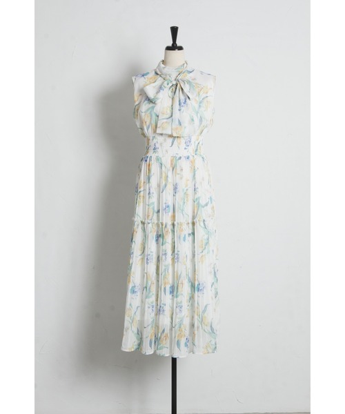 tocco closet(トッコ クローゼット)の「2WAYボウタイリボン付きラメシフォンフラワープリントプリーツティアードワンピース(ワンピース・レディース・ピンク/イエロー・M)」の22枚目の写真
