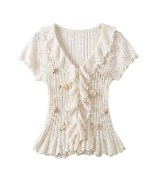 LUCPY(ラクピー)の「フラワーモチーフフリルニットトップス(その他トップス・レディース・ホワイト・X-LARGE/LARGE/MEDIUM/SMALL)」の5枚目の写真