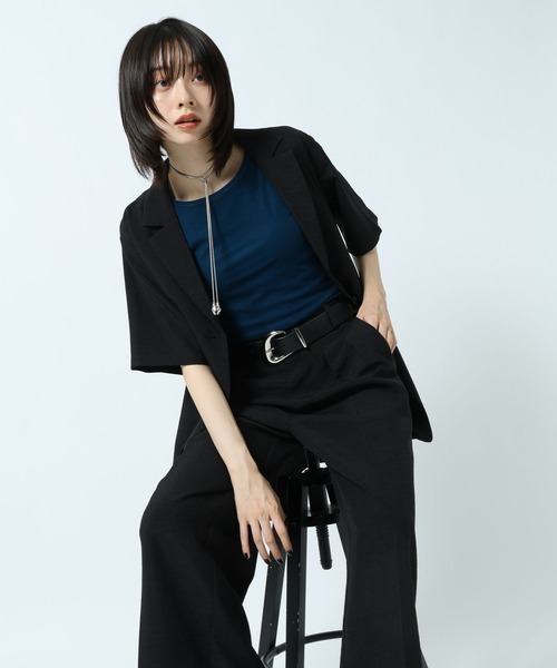 PAGEBOY(ページボーイ)の「ドラバスウエストベルトショートスリーブジャケット【接触冷感/汗じみ防止/セットアップ対応】(テーラードジャケット・レディース・チャコールグレー/ブラック・FREE)」の16枚目の写真