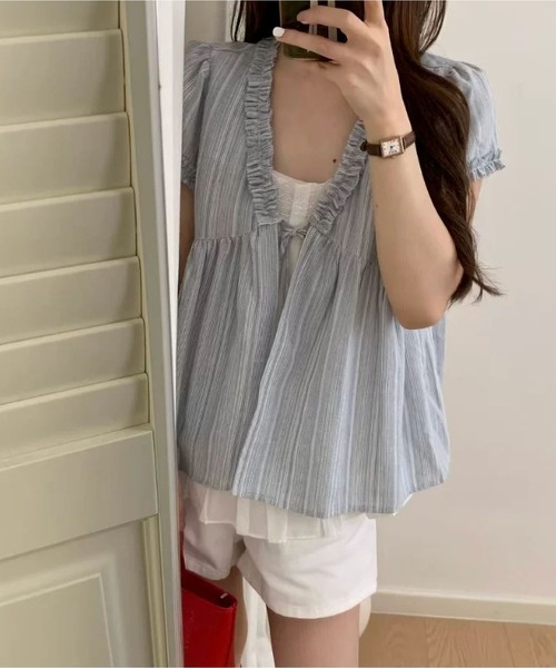 MAISON DE THERESE(メゾン ド テレーズ)の「V ネック水色ストライプ木レースブラウス(シャツ/ブラウス・レディース・ブルー・M)」の4枚目の写真