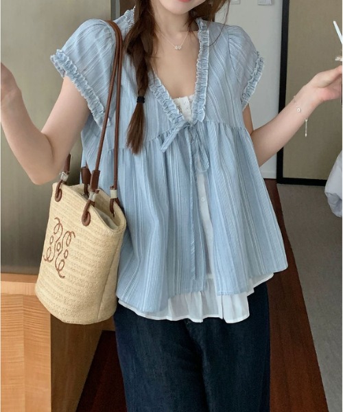 MAISON DE THERESE(メゾン ド テレーズ)の「V ネック水色ストライプ木レースブラウス(シャツ/ブラウス・レディース・ブルー・M)」の6枚目の写真