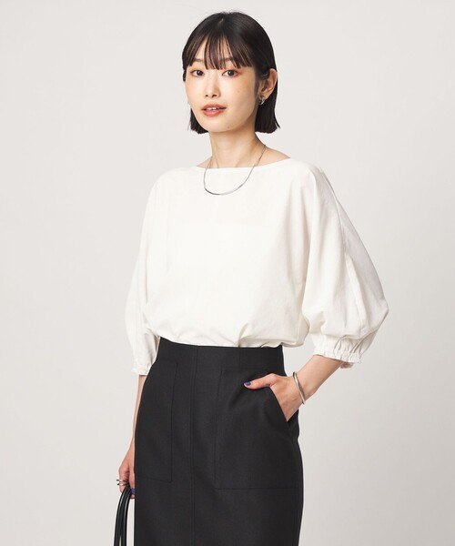 green label relaxing(グリーンレーベルリラクシング)の「Breeze Cool ボートネック 7分袖 ブラウス マシンウォッシャブル 吸水速乾 通気性 UVカット(シャツ/ブラウス・レディース・ホワイト/ベージュ/ダークグレー・FREE)」の8枚目の写真