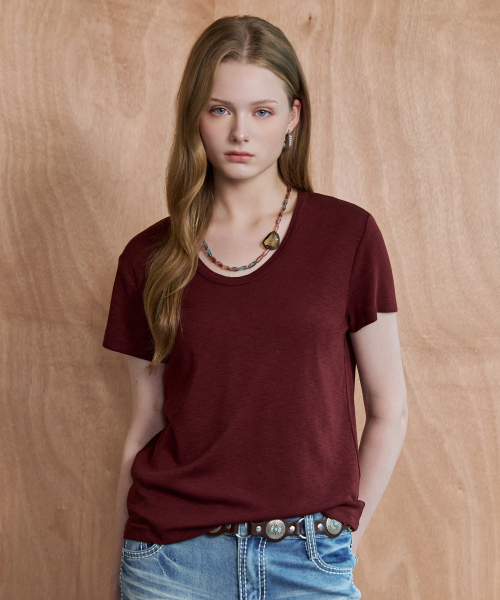 MAXZA(マージャコレクション)の「ベーシックスラブスパンラウンド半袖Tシャツ(Tシャツ/カットソー・レディース・チャコール/ワイン/アイボリー・FREE)」の5枚目の写真