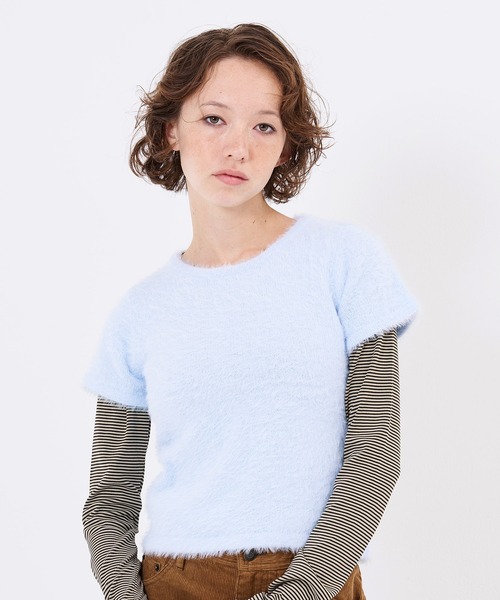 TINA：JOJUN（ティーナジョジュン）の「半袖シャギーニット プルオーバー TINA：JOJUN（ニット/セーター・レディース・ベビーピンク/ネイビー/ライトブルー・M）」の2枚目の写真
