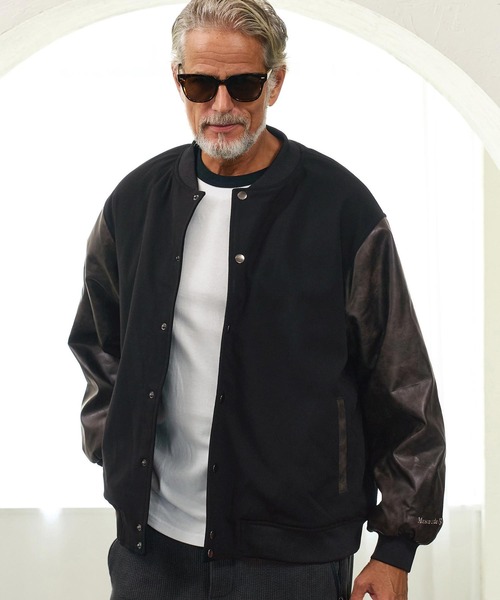 Maison code 13(メゾンコードサーティーン)の「mj11803- Wool Like Synthetic Leather Stadium Jacket スタジアムジャケット(M26W-09)(スタジャン・メンズ・ブラック/チャコール・S/M/L)」の2枚目の写真