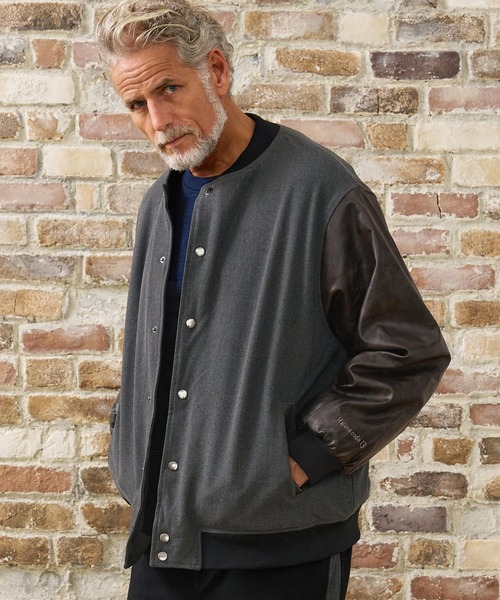 Maison code 13(メゾンコードサーティーン)の「mj11803- Wool Like Synthetic Leather Stadium Jacket スタジアムジャケット(M26W-09)(スタジャン・メンズ・ブラック/チャコール・S/M/L)」の3枚目の写真