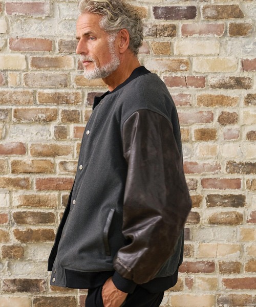 Maison code 13(メゾンコードサーティーン)の「mj11803- Wool Like Synthetic Leather Stadium Jacket スタジアムジャケット(M26W-09)(スタジャン・メンズ・ブラック/チャコール・S/M/L)」の4枚目の写真