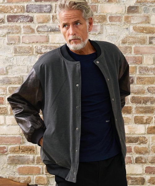 Maison code 13(メゾンコードサーティーン)の「mj11803- Wool Like Synthetic Leather Stadium Jacket スタジアムジャケット(M26W-09)(スタジャン・メンズ・ブラック/チャコール・S/M/L)」の5枚目の写真