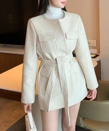 ノーカラーシングルブレストメルトンコート