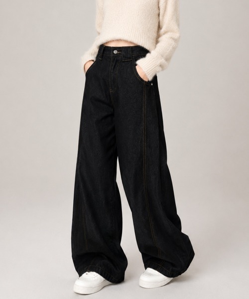 Miniministore(ミニミニストア)の「ワイドデニムパンツ ハイウエストジーンズ(デニムパンツ・レディース・ブラック・M/XL/S/L)」の1枚目の写真