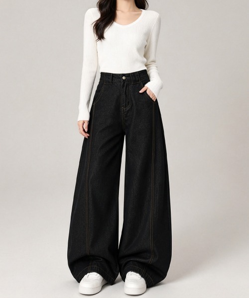 Miniministore(ミニミニストア)の「ワイドデニムパンツ ハイウエストジーンズ(デニムパンツ・レディース・ブラック・M/XL/S/L)」の6枚目の写真