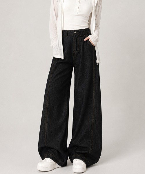 Miniministore(ミニミニストア)の「ワイドデニムパンツ ハイウエストジーンズ(デニムパンツ・レディース・ブラック・M/XL/S/L)」の9枚目の写真