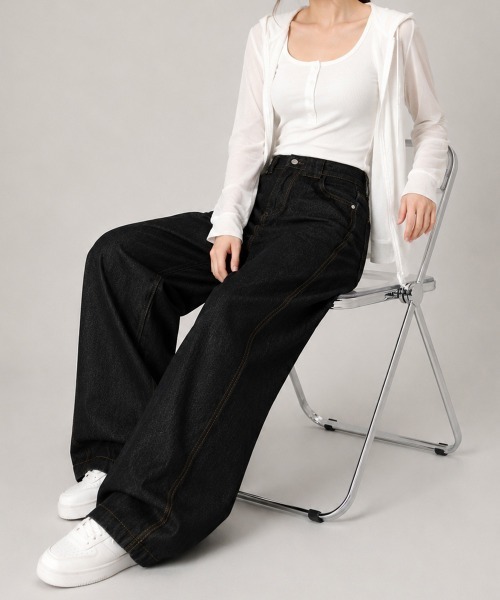 Miniministore(ミニミニストア)の「ワイドデニムパンツ ハイウエストジーンズ(デニムパンツ・レディース・ブラック・M/XL/S/L)」の10枚目の写真