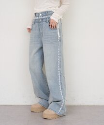 脇レースラインワイドデニムパンツ