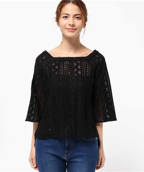 DouDou（ドゥドゥ）の「レーススクエアブラウス（シャツ/ブラウス・レディース・キャメル/ブラック・FREE）」の3枚目の写真