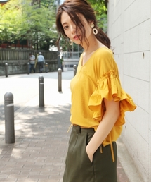 Andemiu | 【BAILA8月号市川紗椰さん着用】【UVケア加工・接触冷感】フハクフリルソデＴＯＰＳ765171(Tシャツ/カットソー)