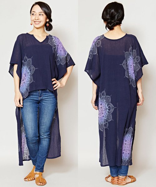 チャイハネ（チャイハネ）の「【チャイハネ】yul 曼荼羅模様ハイローヘムビッグシルエットワンピース（ワンピース・レディース・ホワイト/ネイビー/オレンジ/ミント/イエロー/ブラック×ブルー/パープル/カーキ・FREE）」の6枚目の写真