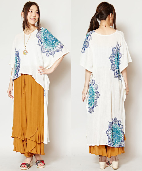 チャイハネ（チャイハネ）の「【チャイハネ】yul 曼荼羅模様ハイローヘムビッグシルエットワンピース（ワンピース・レディース・ホワイト/ネイビー/オレンジ/ミント/イエロー/ブラック×ブルー/パープル/カーキ・FREE）」の2枚目の写真