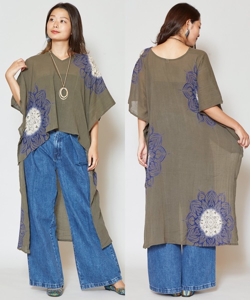 チャイハネ（チャイハネ）の「【チャイハネ】yul 曼荼羅模様ハイローヘムビッグシルエットワンピース（ワンピース・レディース・ホワイト/ネイビー/オレンジ/ミント/イエロー/ブラック×ブルー/パープル/カーキ・FREE）」の4枚目の写真