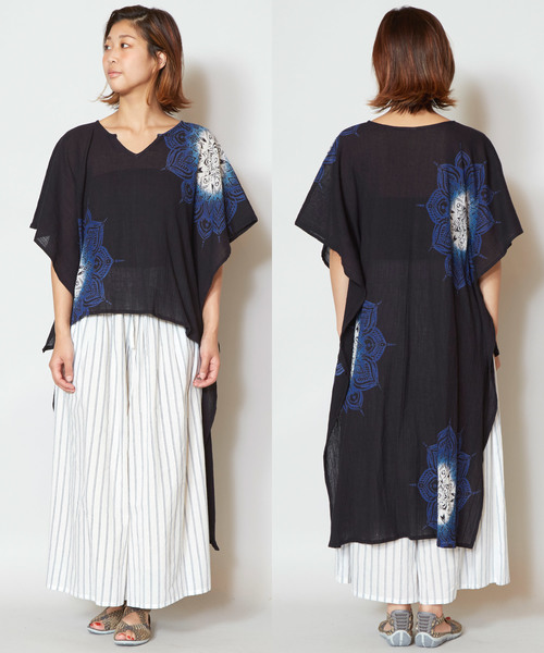 チャイハネ（チャイハネ）の「【チャイハネ】yul 曼荼羅模様ハイローヘムビッグシルエットワンピース（ワンピース・レディース・ホワイト/ネイビー/オレンジ/ミント/イエロー/ブラック×ブルー/パープル/カーキ・FREE）」の3枚目の写真