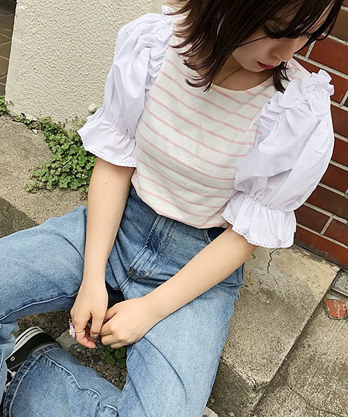 apres jour(アプレジュール)の「袖キャンディボーダートップス【ZOZOTOWN限定アイテム】(Tシャツ/カットソー・レディース・ブラック/ダークブラウン/ピンク・フリー)」の3枚目の写真