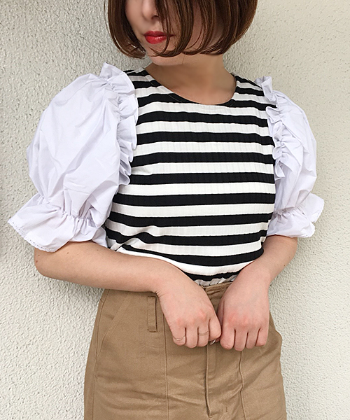 apres jour(アプレジュール)の「袖キャンディボーダートップス【ZOZOTOWN限定アイテム】(Tシャツ/カットソー・レディース・ブラック/ダークブラウン/ピンク・フリー)」の1枚目の写真