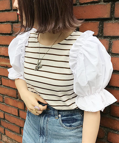 apres jour(アプレジュール)の「袖キャンディボーダートップス【ZOZOTOWN限定アイテム】(Tシャツ/カットソー・レディース・ブラック/ダークブラウン/ピンク・フリー)」の4枚目の写真