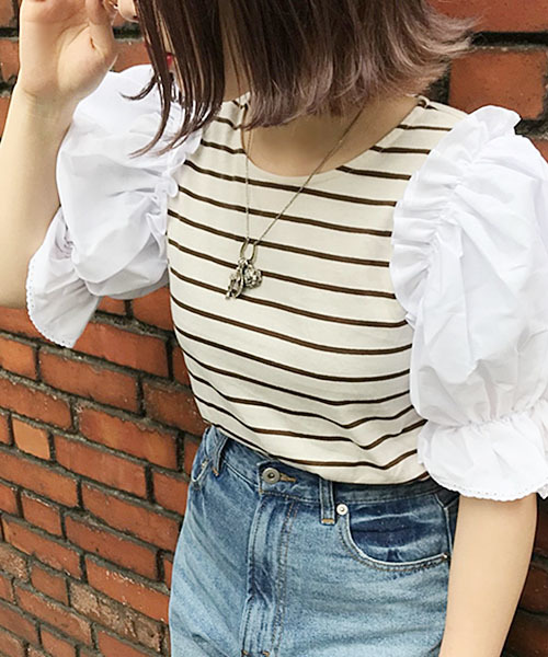 apres jour(アプレジュール)の「袖キャンディボーダートップス【ZOZOTOWN限定アイテム】(Tシャツ/カットソー・レディース・ブラック/ダークブラウン/ピンク・フリー)」の5枚目の写真