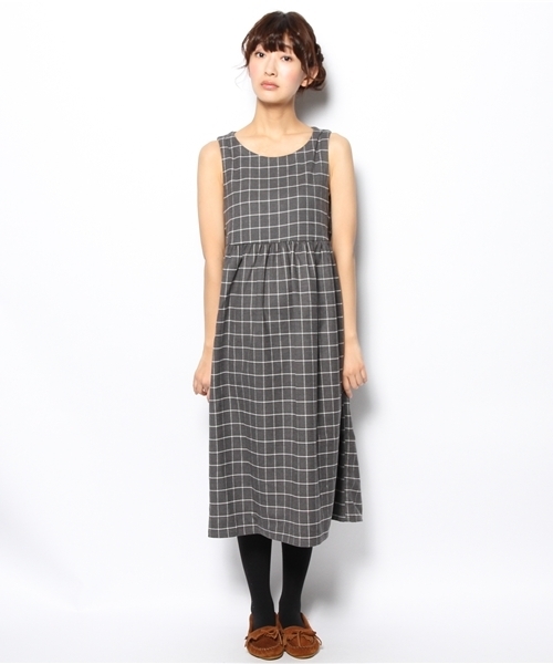 BEAMS BOY(ビームスボーイ)の「□BEAMS BOY / チェック ウエスト切替ノースリーブ **(ワンピース・レディース・グレー/ネイビー・ONE SIZE)」の3枚目の写真