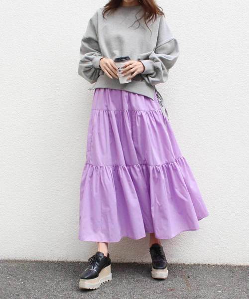 MODE ROBE(モードローブ)の「ティアードロングスカート(スカート・レディース・ホワイト/ブラック/ライトベージュ/カーキ/ミント/パープル/オレンジ・S/M)」の6枚目の写真