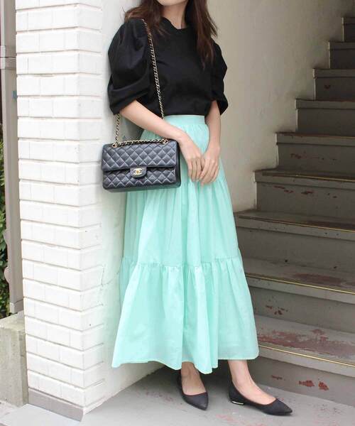 MODE ROBE(モードローブ)の「ティアードロングスカート(スカート・レディース・ホワイト/ブラック/ライトベージュ/カーキ/ミント/パープル/オレンジ・S/M)」の21枚目の写真