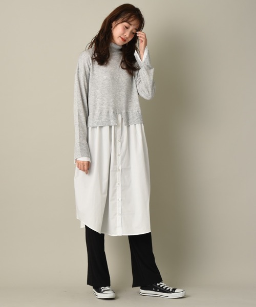 INTERPLANET（インタープラネット）の「タートルシャツレイヤード風ワンピース（ワンピース・レディース・ブラック/グレイッシュベージュ/ライトグレー・FREE）」の12枚目の写真