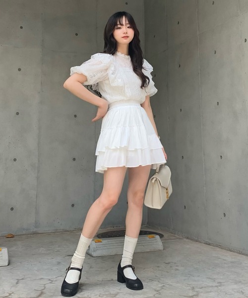 titty＆Co. PETIT by poyo（ティティーアンドコープティバイポヨ）の「【titty&Co.PETIT by POYO】フラワーレースレイヤードブラウス（シャツ/ブラウス・レディース・オフホワイト/ブラック・FREE）」の5枚目の写真