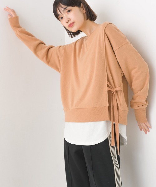 OMNES(オムネス)の「裏毛サイドリボンスウェットアンサンブル(Tシャツ/カットソー・レディース・モカ/ミント/ブラック/ベージュ・FREE)」の1枚目の写真
