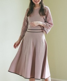 tocco closet | フラワーレーススリーブ切り替え配色ライン入りニットワンピース(ワンピース)