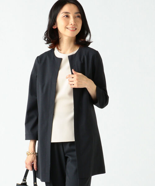 EFFE BEAMS（エッフェビームス）の「M・fil×EFFE BEAMS / 梳毛 ロングジャケット（ノーカラージャケット・レディース・ブラック/ネイビー・36/38）」の5枚目の写真