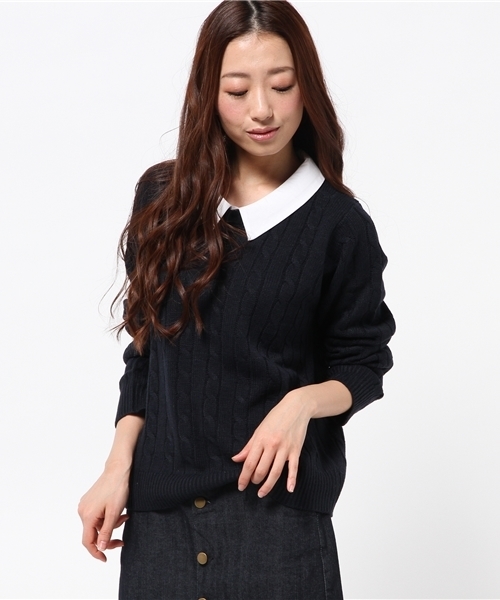 DISCOAT（ディスコート）の「【Discoat】襟付ケーブルプルオーバー（ニット/セーター・レディース・ネイビー/レッド/オフホワイト・ﾌﾘ-）」の3枚目の写真