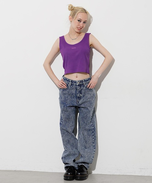 X-girl（エックスガール）の「MILLS LOGO TANK TOP（タンクトップ・レディース・ホワイト/ブラック/パープル/ライトグリーン・S/M）」の5枚目の写真